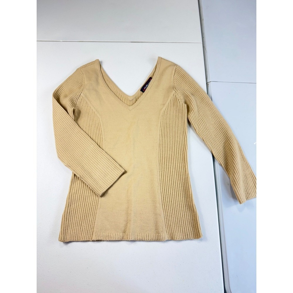 Takeout Bisque V Neck Ribbed Knit Sweater Fitted Long Sleeve Neutral Top Small